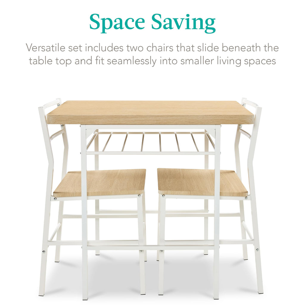 3-Piece Modern Dining Set, Space Saving Dinette, Small Space w/Steel Frame, Built-in Storage Rack - Natural/White