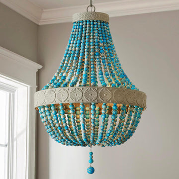 Farmhouse Chandeliers, Vintage Design Wood Bead Pendant Light Fixture, D18 x H26, Adjustable 60" Chains, 4 x E12 Sockets, Rustic Blue Finish Bead & Dirt Grey Finish Metal Frame