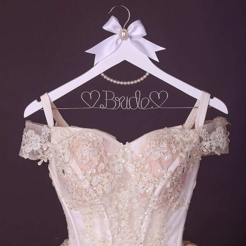 White Solid Wood Bridal Dress Hanger with Bridal Wire Lettering for Bridal Wedding Party Gift (White Hanger Silver