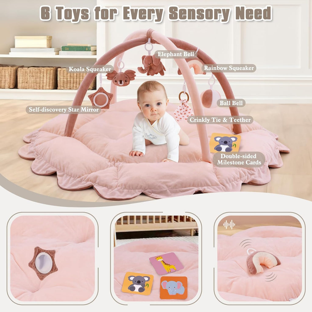 In-1 Plush Baby Play Gym, Activity Mat with Convertible Gym, Baby Gym 6 Sensory Toys, Play Center for Newborn to