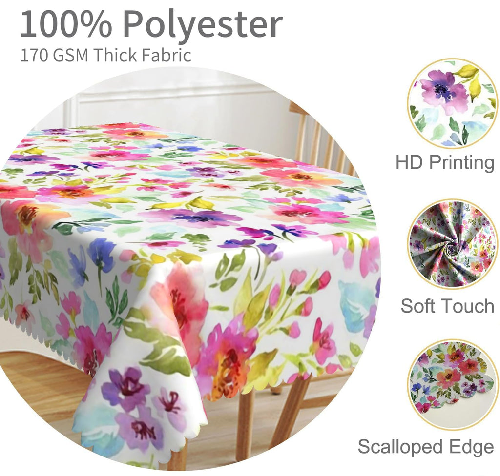 60x102inches Spring Floral Rectangle Tablecloth Colorful Watercolor Flowers with Leaves Printed Table Clothes Cover