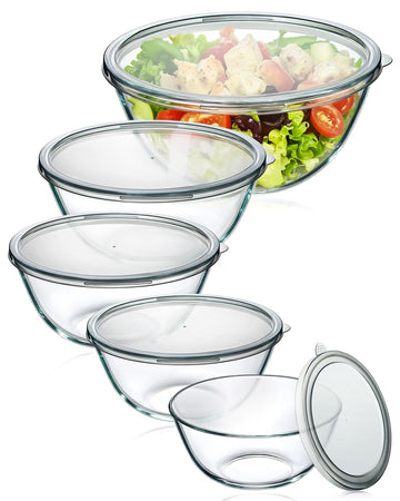 Glass Mixing Bowls with Lids Set of 5(4.78QT,2.2QT,1.7QT,1.1QT,0.85QT),Thick Glass Nesting Bowls Baking,Cooking