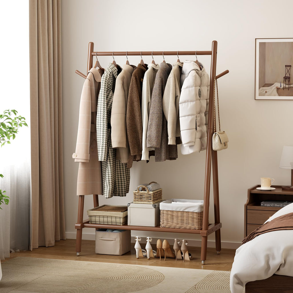 Solid Wood Clothing Rack On Wheels for Hanging Clothes, Walnut