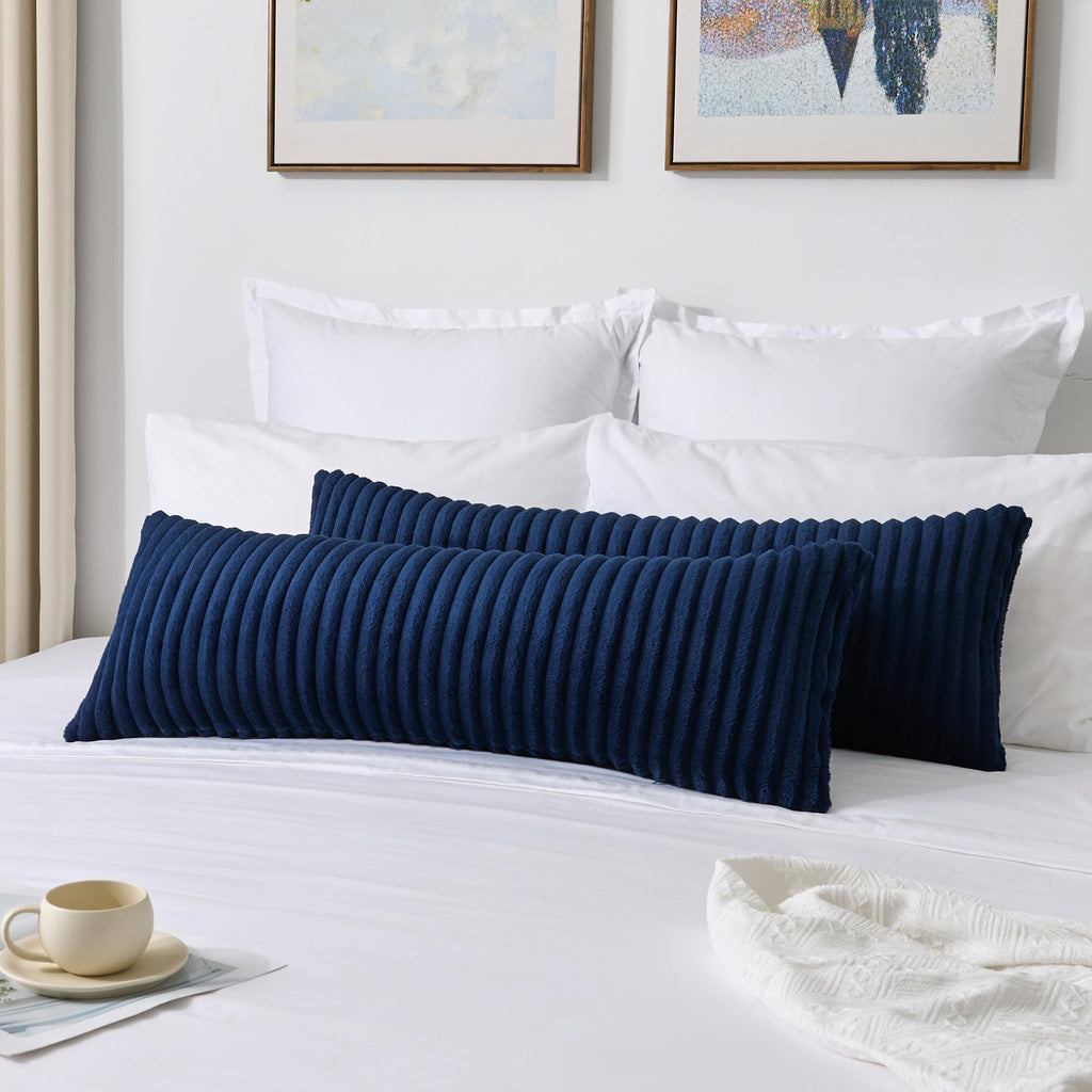 Soft Plush 14x36 Inch Long Lumbar Pillow Cover 1 Pack, Luxury Fluffy Faux Fur Striped Flannel Rectangle Body Cushion