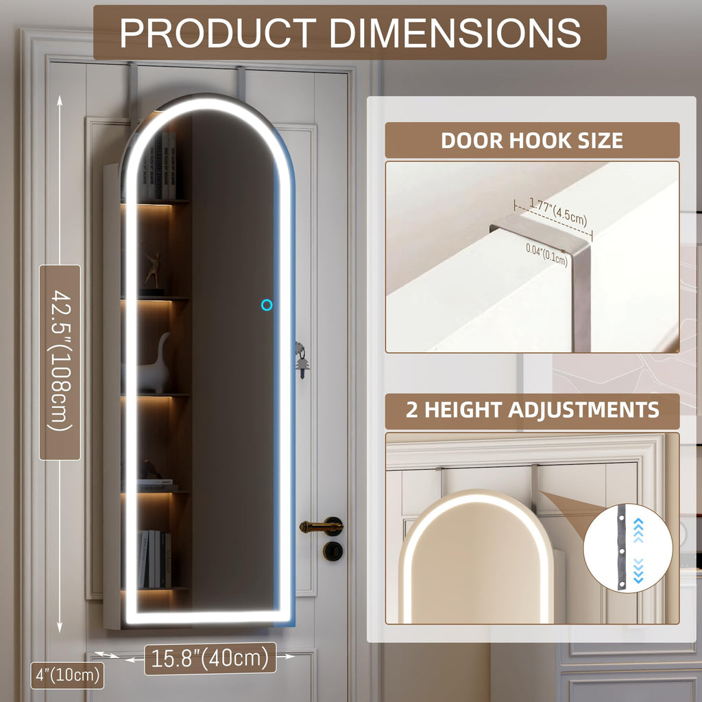 Wall Mounted Jewelry Organizer Lockable, 43"x16" Door Hanging Arched Mirror with Lights and Jewelry Storage, 6 LEDs