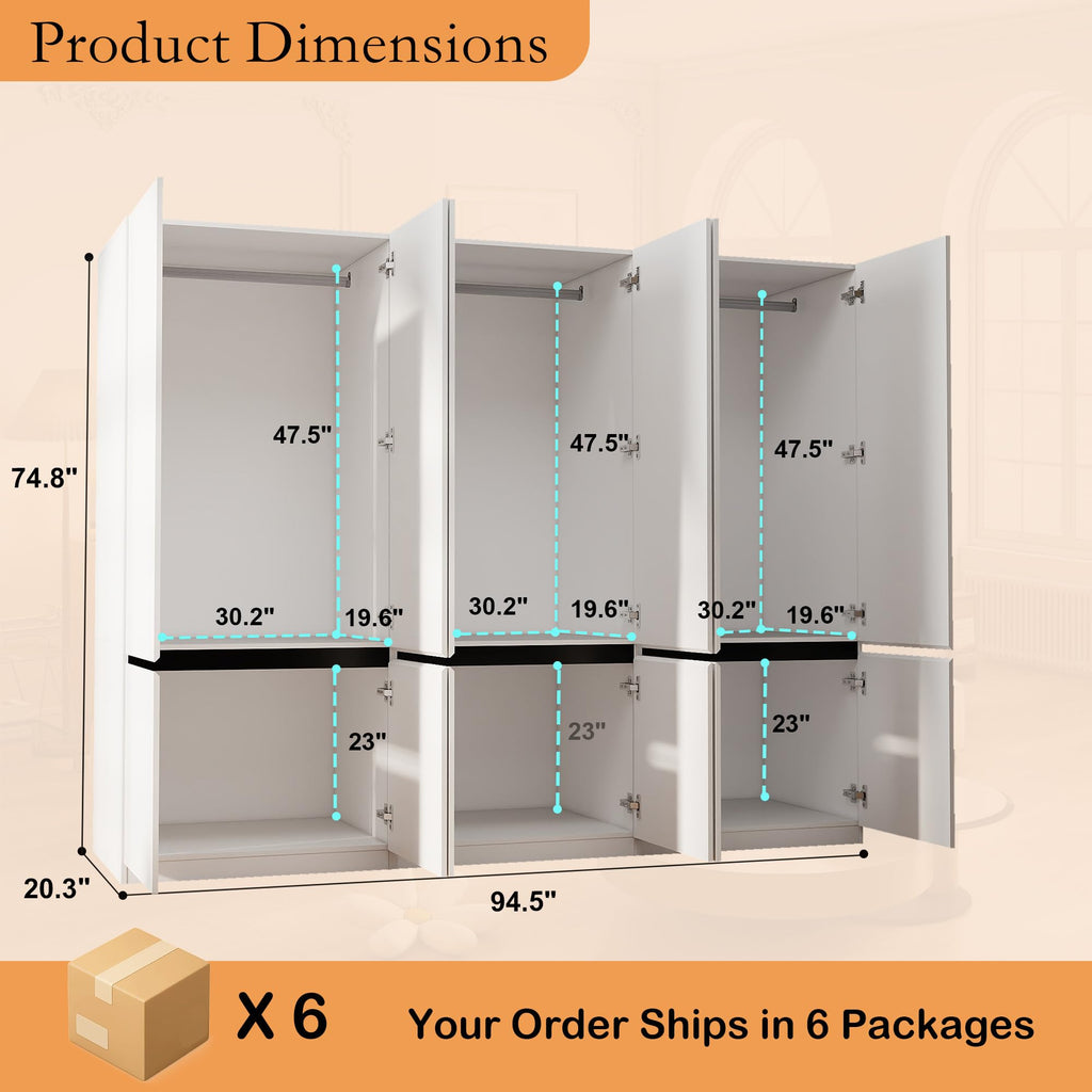 White Armoire Wardrobe Closet with 6 Doors, 75" Tall x 95" Wide