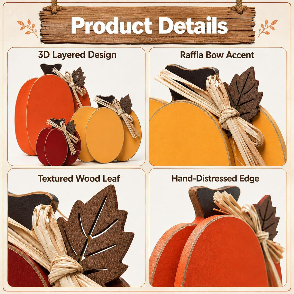 Wooden Pumpkin Fall Decor, 3-Piece Indoor Fall Decorations, Rustic Harvest Autumn Thanksgiving Pumpkin Signs - Set of 3