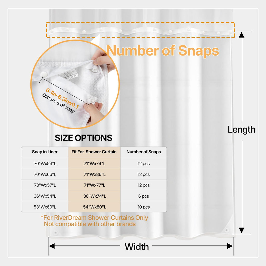 2 Pack Snap in Shower Curtain Liner Replacement, White, 70x54