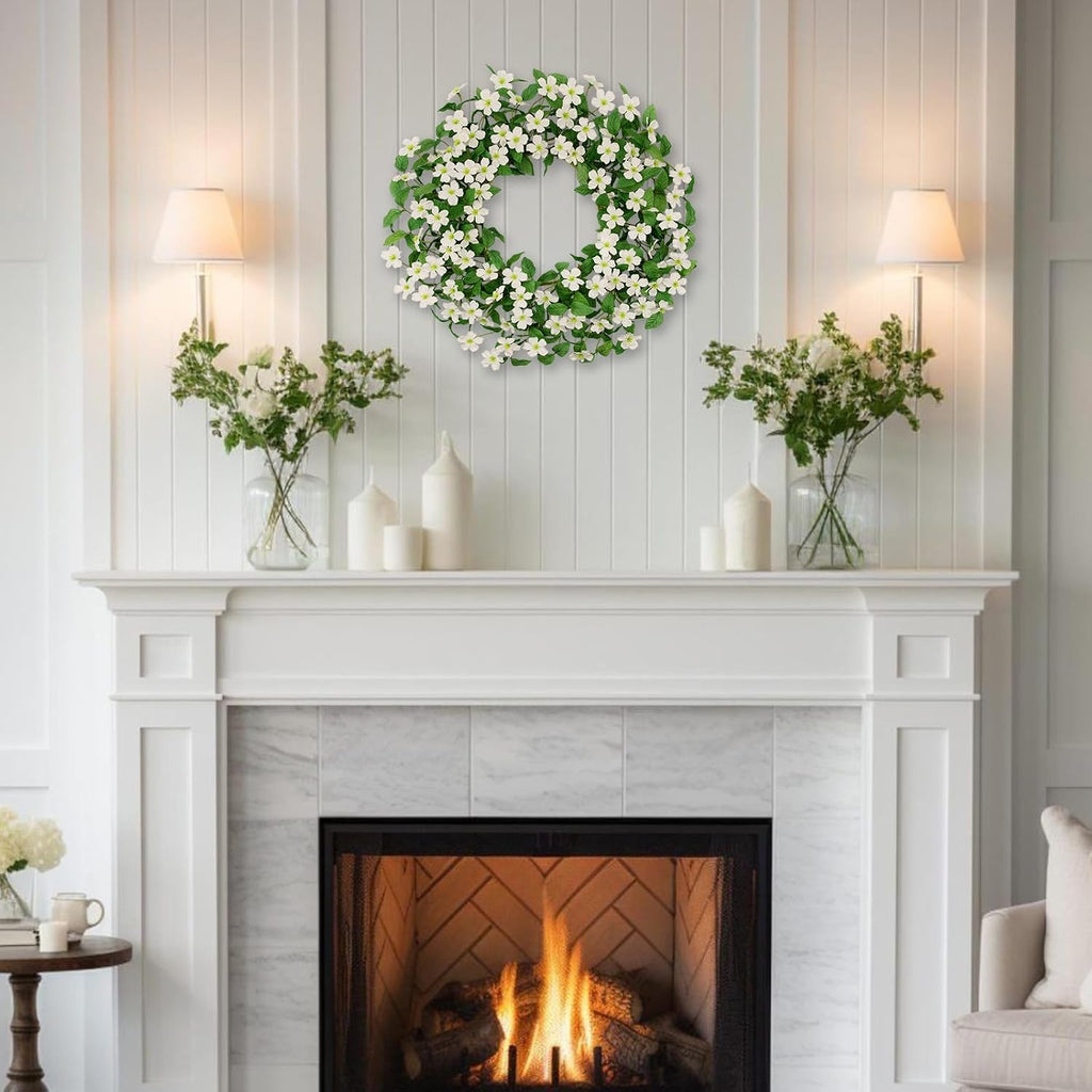 Artificial Eucalyptus Wreath for Front Door, 24 Inch Spring Summer Wreath with White Dogwood Flowers, All Season