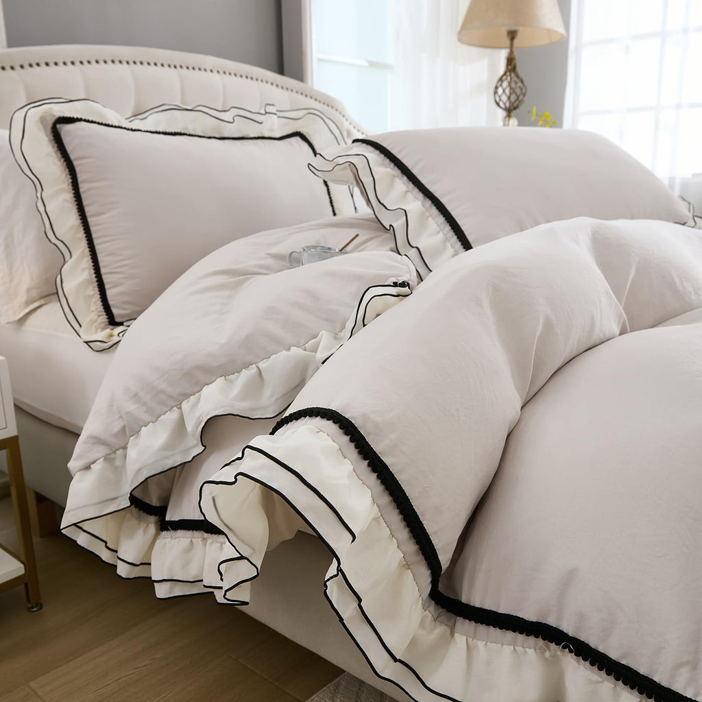 Grey Ruffle Comforter Set King Size, Pompoms Chic French Style Boho Bedding Sets, Fluffy Coquette Comforters Sets for