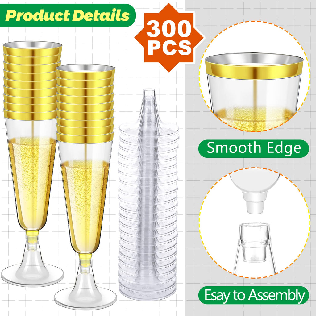 300 Pcs Plastic Champagne Flutes Disposable, 4.5 oz, Gold Rim