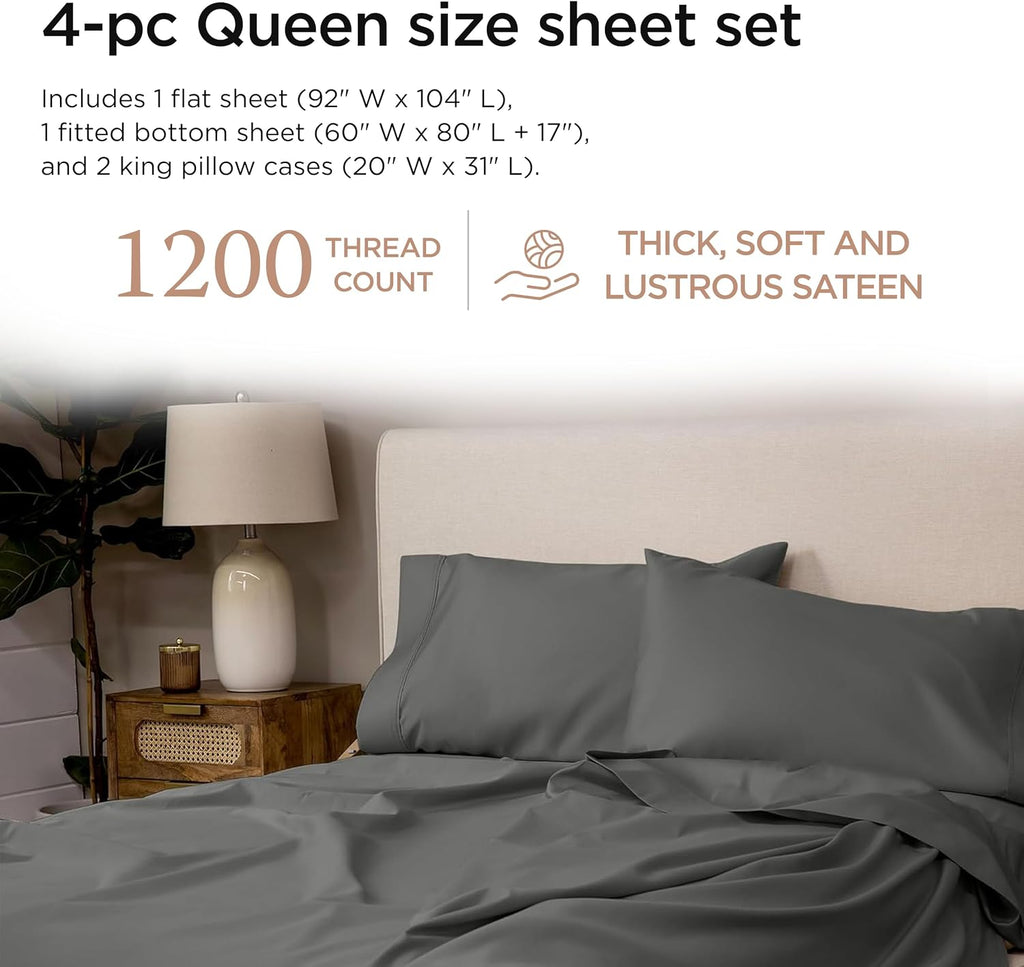Luxury 100% Supima Cotton Sheets, Luxury 1200 Thread Count Cotton Sheets for Queen Bed, 4 Pc Dark Grey Bed Sheets