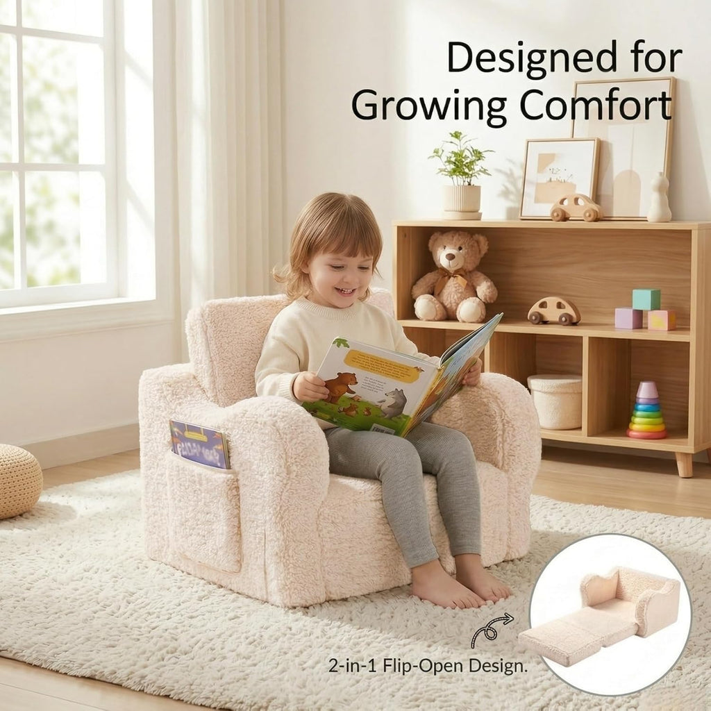 Kids Sofa Chair, in-1 Foldable Couch, Sherpa, Cream