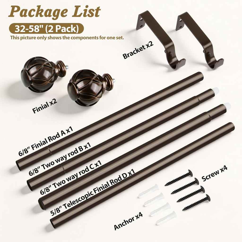 Curtain Rods for Windows 2 Pack 32-58 Inches, Bronze | 6/8" Diameter, 22lbs Weight Capacity, Decorative Adjustable
