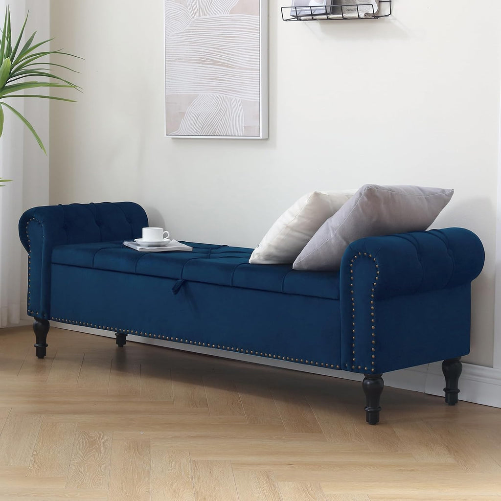 Velvet Storage Bench 67 Inch Upholstered Tufted Ottoman Bench with Arms Large Storage Space King Size End of Bed