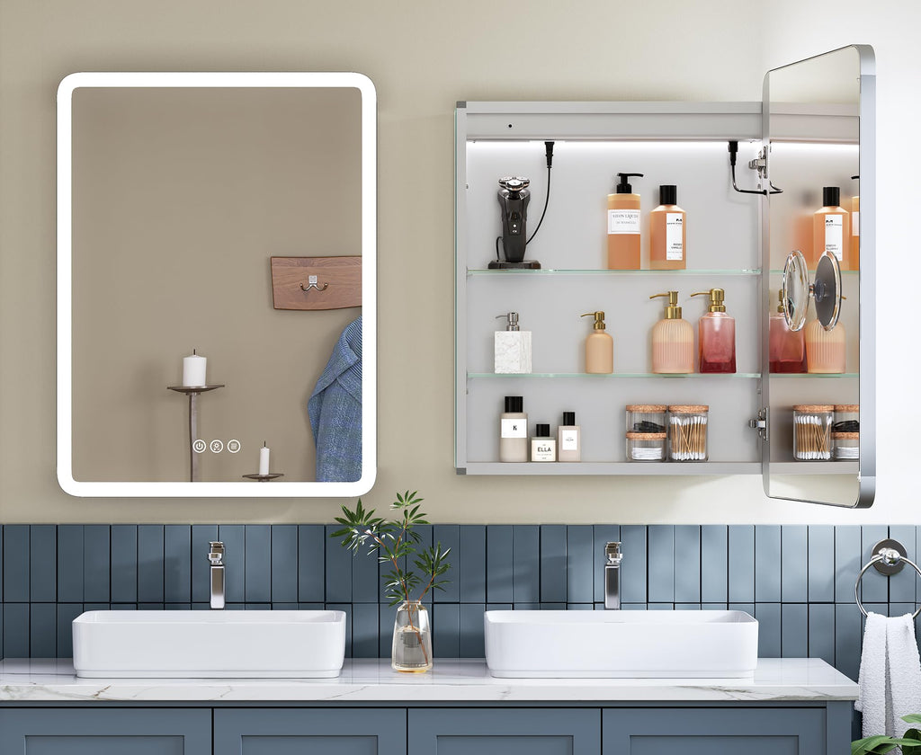 24x32 Right-Hinged Lighted Medicine Cabinet Mirror, Round Corner