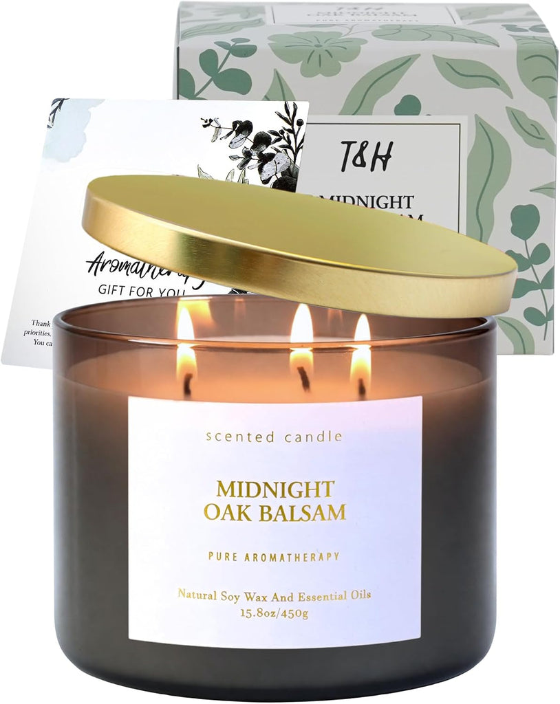 Midnight Oak Balsam 3-Wick Scented Candle, Large Woodsy Soy Candle 15.8 oz