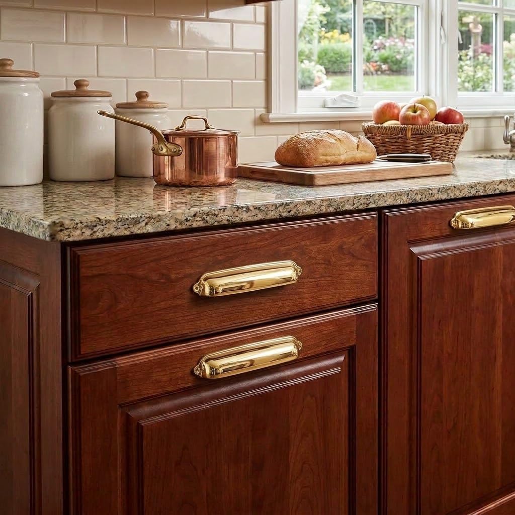2 Pack Polished Brass Cup Pulls 6 Inch Center to Center - Cabinet & Drawer Handles Hardware