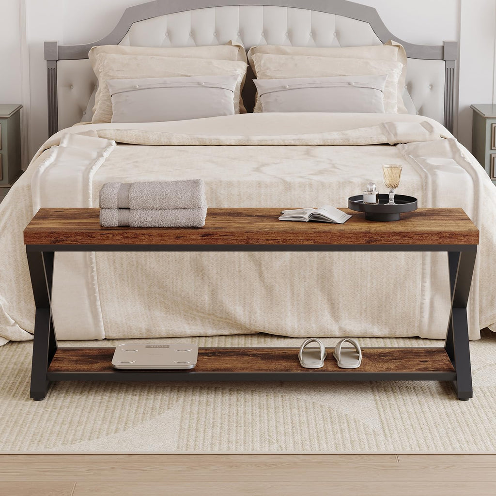 Rustic Entryway Bench with Storage, Rustic Brown Wood and Metal Bench