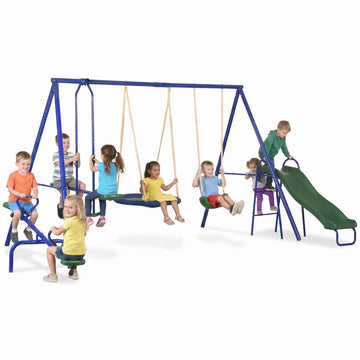 693 lbs Metal Swing Set for Kids, 5 in 1 Outdoor Playset Blue