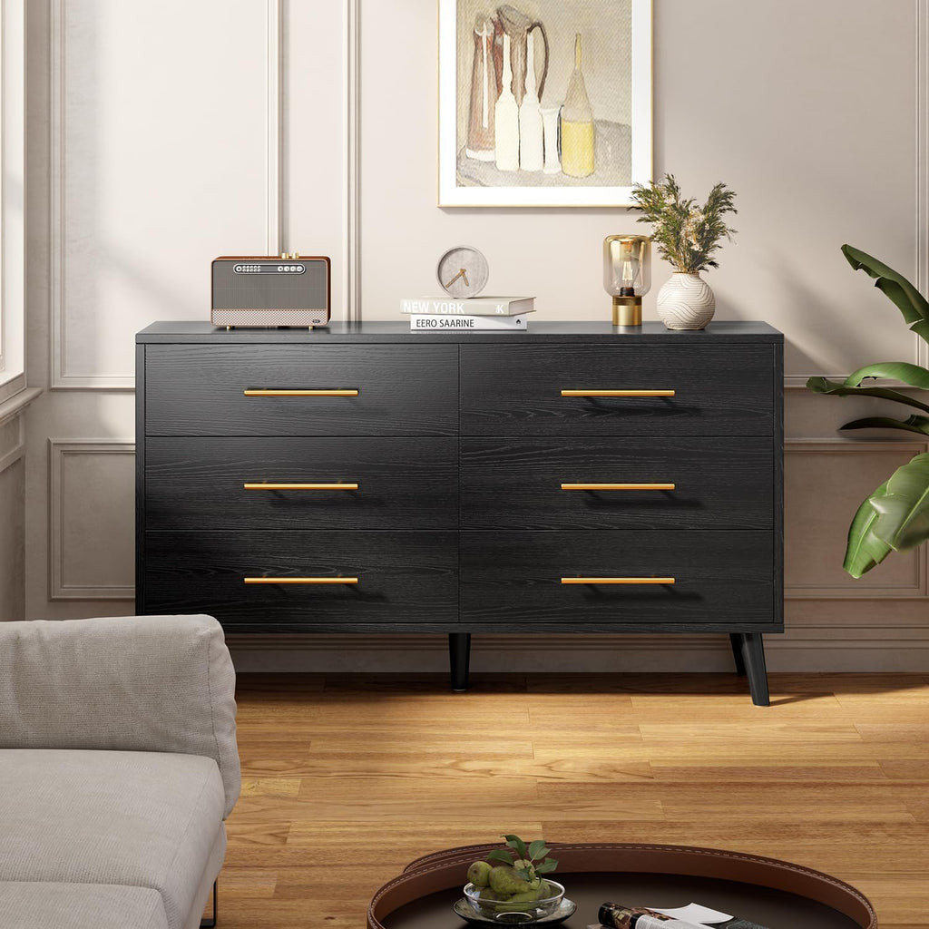 6 Drawer Dresser, Wood Chest with Metal Handles, Black