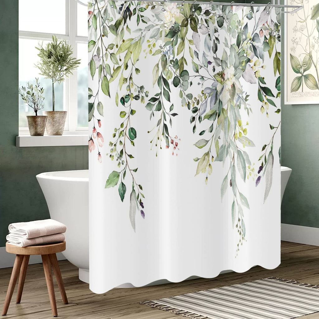 Eucalyptus Leaf Waffle Textured, Weighted Bottom Watercolor Green Leaves on The Top Plant with Floral Bathroom