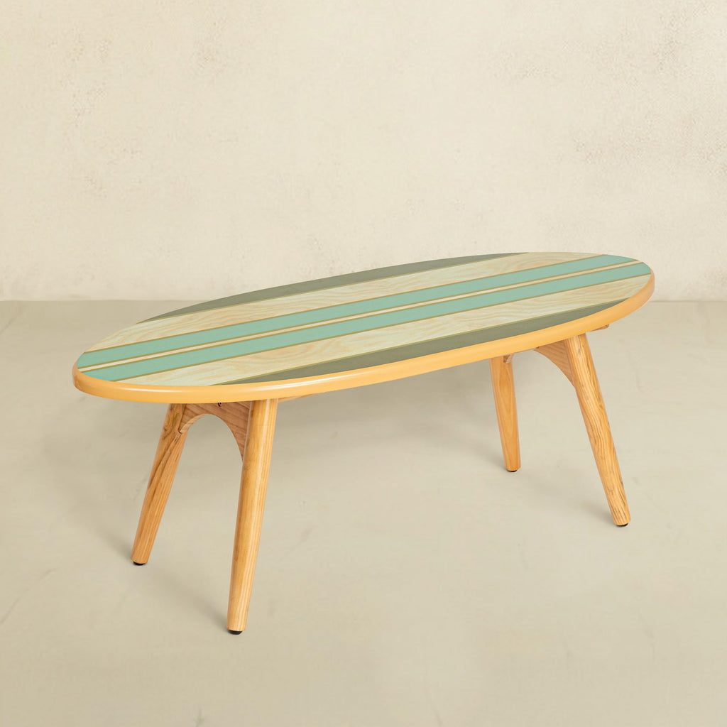 Coastal Decorative Surfboard Coffee Table, Stripe Overlaid On Natural Wood