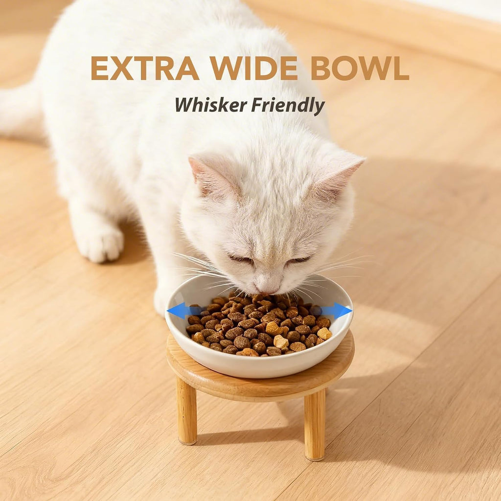 Elevated Cat Bowls, Ceramic Cat Bowl with Bamboo Stand Wide Opening