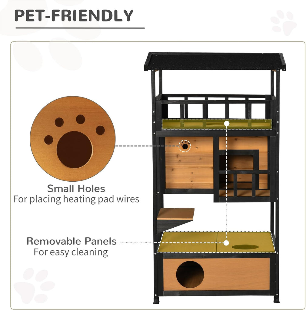 3-Story Wooden Outdoor Cat House w/Raised Floor, 5 Doors Yellow