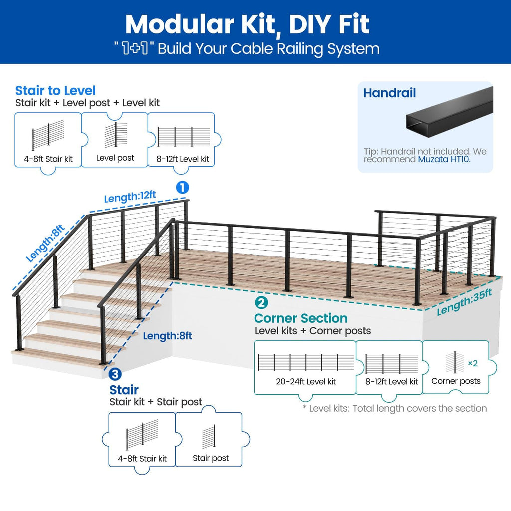 8-12ft Modular Cable Railing Kit for Deck Surface Mount 36in RW17