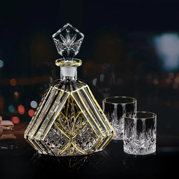 Hand-painted Gold Decanter Set for Men - Whiskey Decanter, Wine Aerator, and 2 Glasses, Liquor Bottles, Bourbon