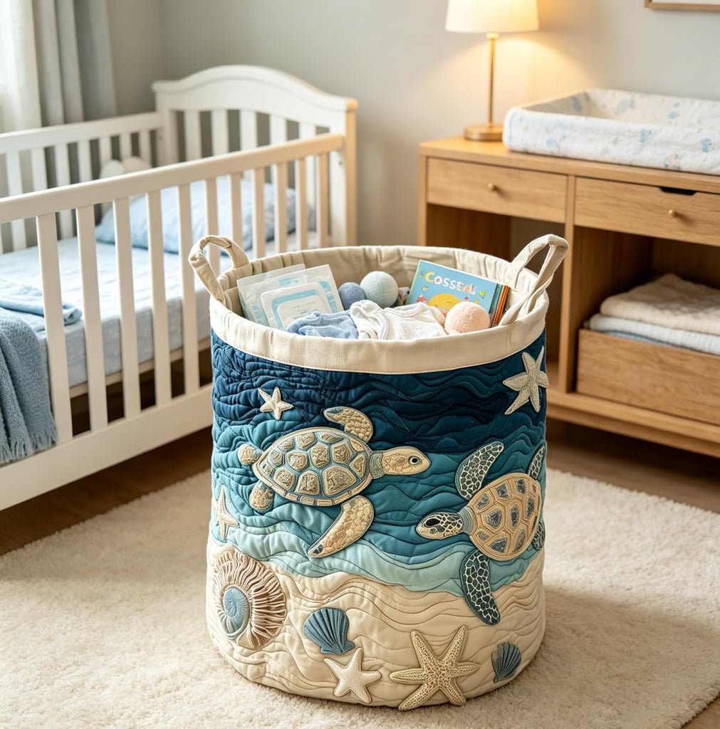 Sea Turtle Quilted Laundry Hamper Ocean Wave Starfish Boho Quilted Baskets