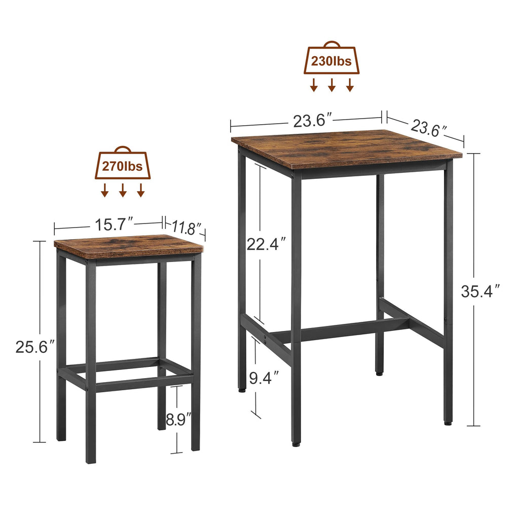 3 PCS Bar Table Set with 2 Stools, Modern Counter Height Table and Chairs Set, Small Spaces (Rustic Brown)