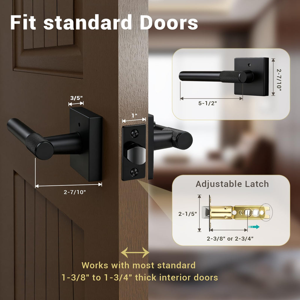 Door Handle Matte Black Finish, Modern Knurled Design Door Knob, Interior Privacy Lock for Left and Right Sided