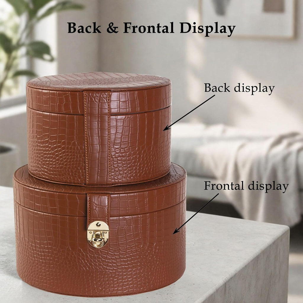 Large Leather Decorative Boxes Round Hat Box Bin Basket with Lid for Shelf Coffee Table Storage Remotes - Set of 2