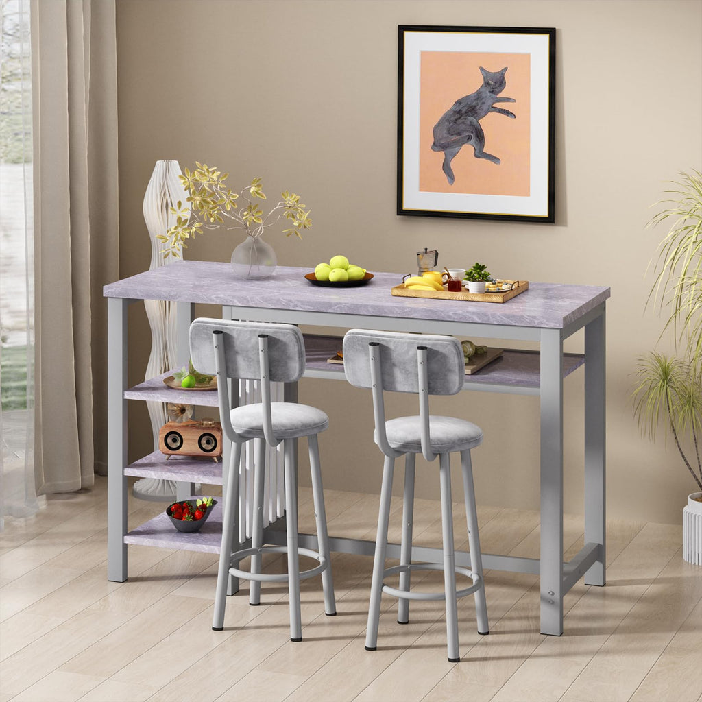 3-Piece Bar Table and Chairs Set, Modern Gray Table with 2 PU Cushion Bar Stools, Kitchen Counter with 3 Tier Storage