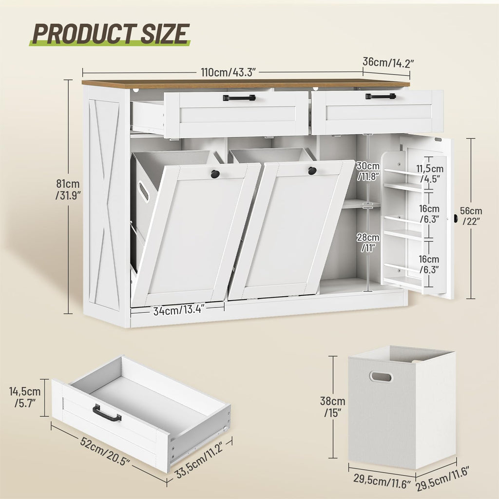 Double Tilt Out Laundry Hamper Cabinet, 43.3" Laundry Cabinet with 2 Removable Baskets, Farmhouse Wooden Hidden Trash