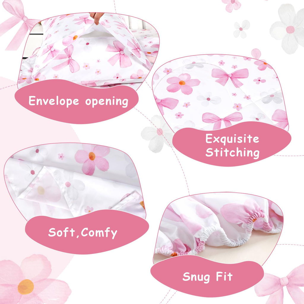 Toddler Bedding Set for Girls - 4 Piece Bow Toddler Comforter Set Includes Fitted Sheet, Comforter, Pillowcase & Flat