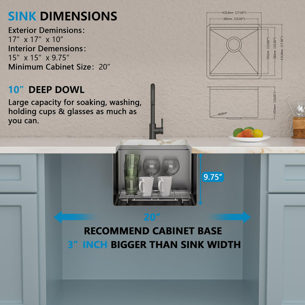 17"x17" Undermount Black Bar Prep Sink Workstation