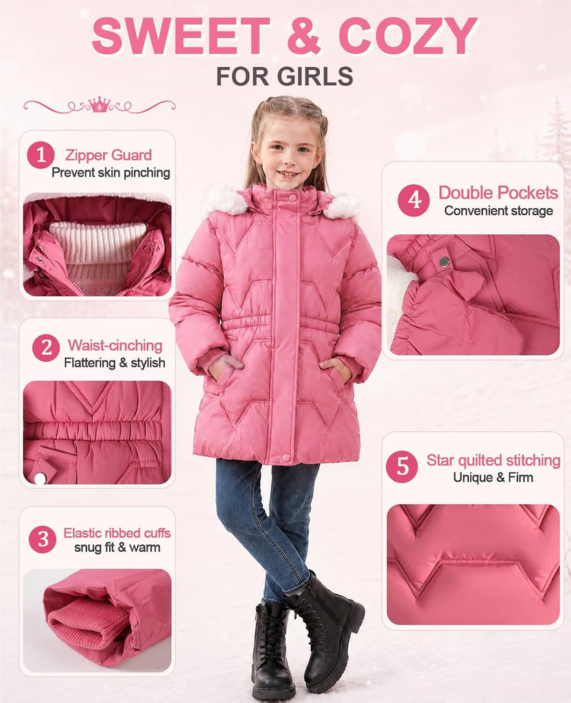 Toddler Girls Heavy Winter Coat, Waterproof Puffer Jacket Hood