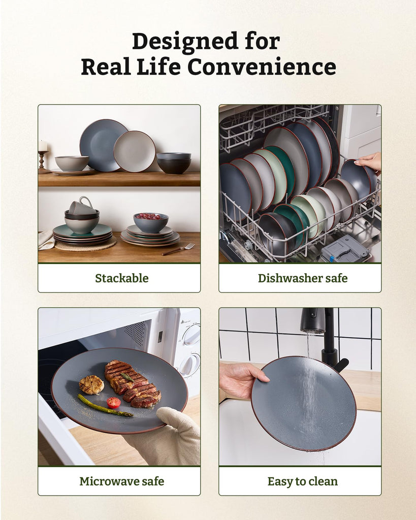 Venus Stoneware Dinnerware Sets with Pasta Bowls, Dishes Set for 6