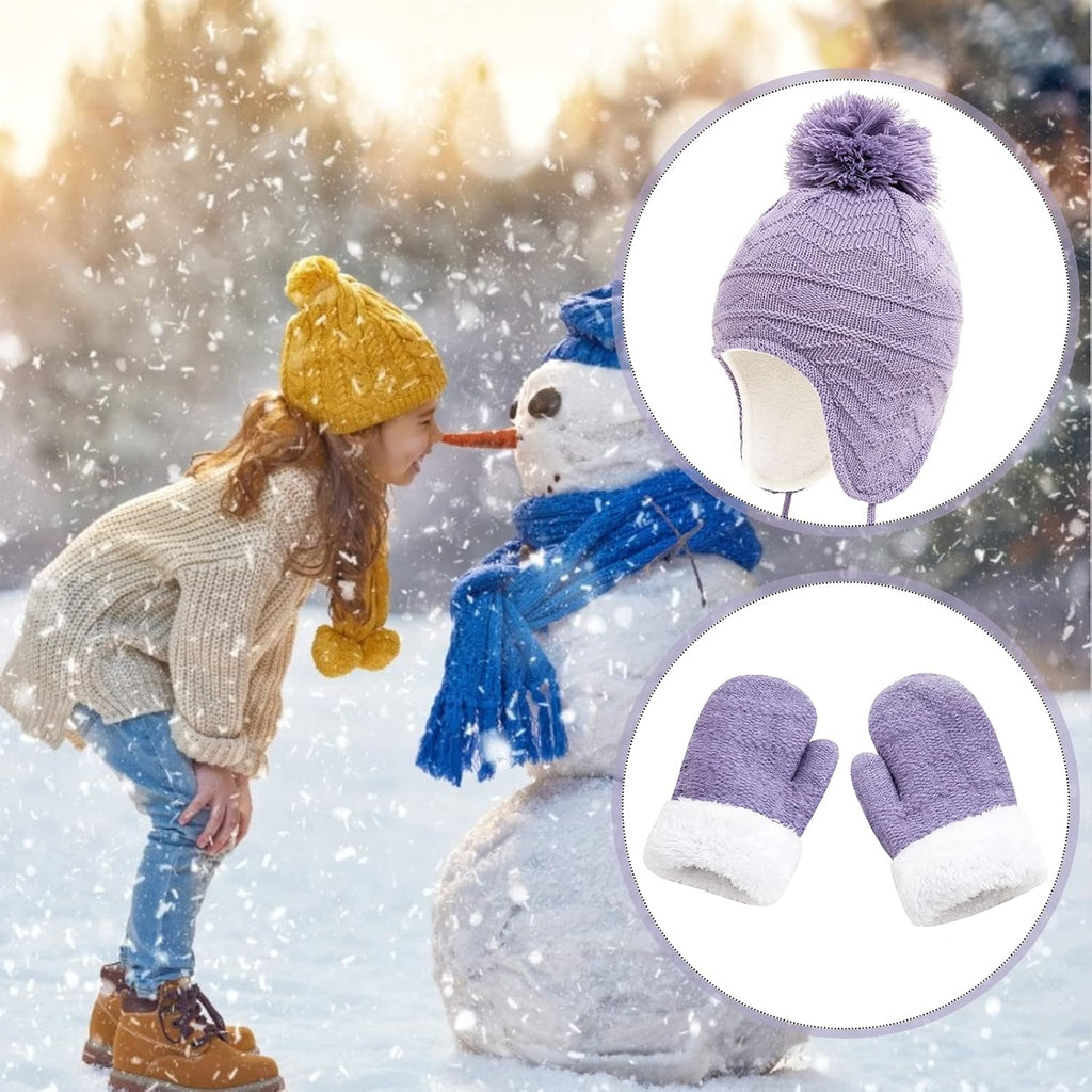 Kids Winter Beanie Hat Mittens Set Warm Fleece Hat Baby Toddler Knitted Hat & Gloves for Boys, Girls
