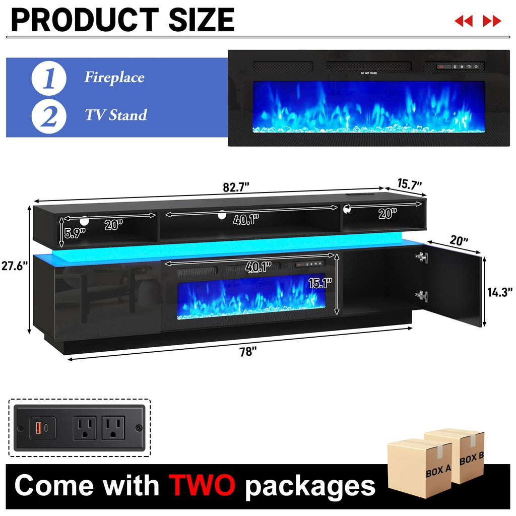 Fireplace TV Stand for 95" TV, 83" LED Entertainment Center with 40" Fireplace & Power Outlets, High Gloss TV Stand