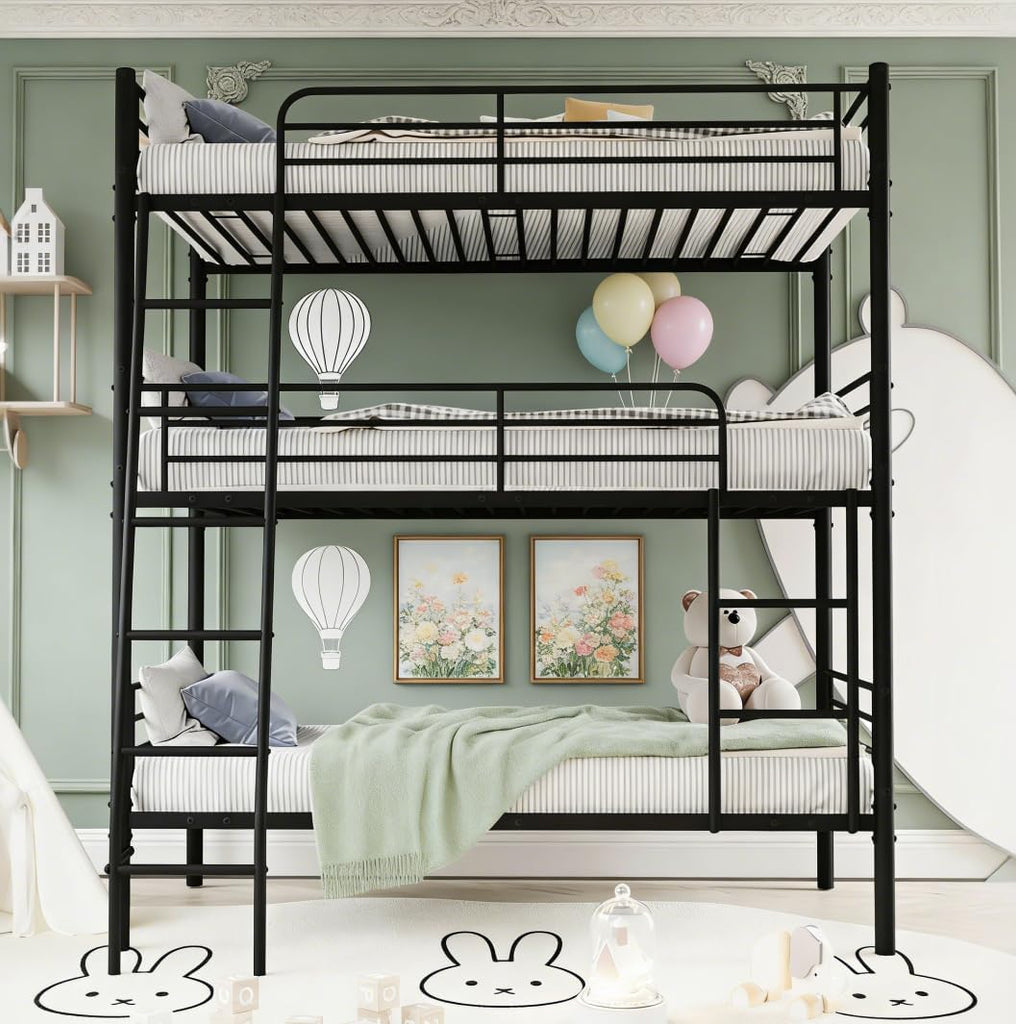 Twin Triple Bunk Bed for 3, bunk Bed for 3 Person, 3 bunk beds for Kids/Adults/Teenagers, Black Split into 3beds