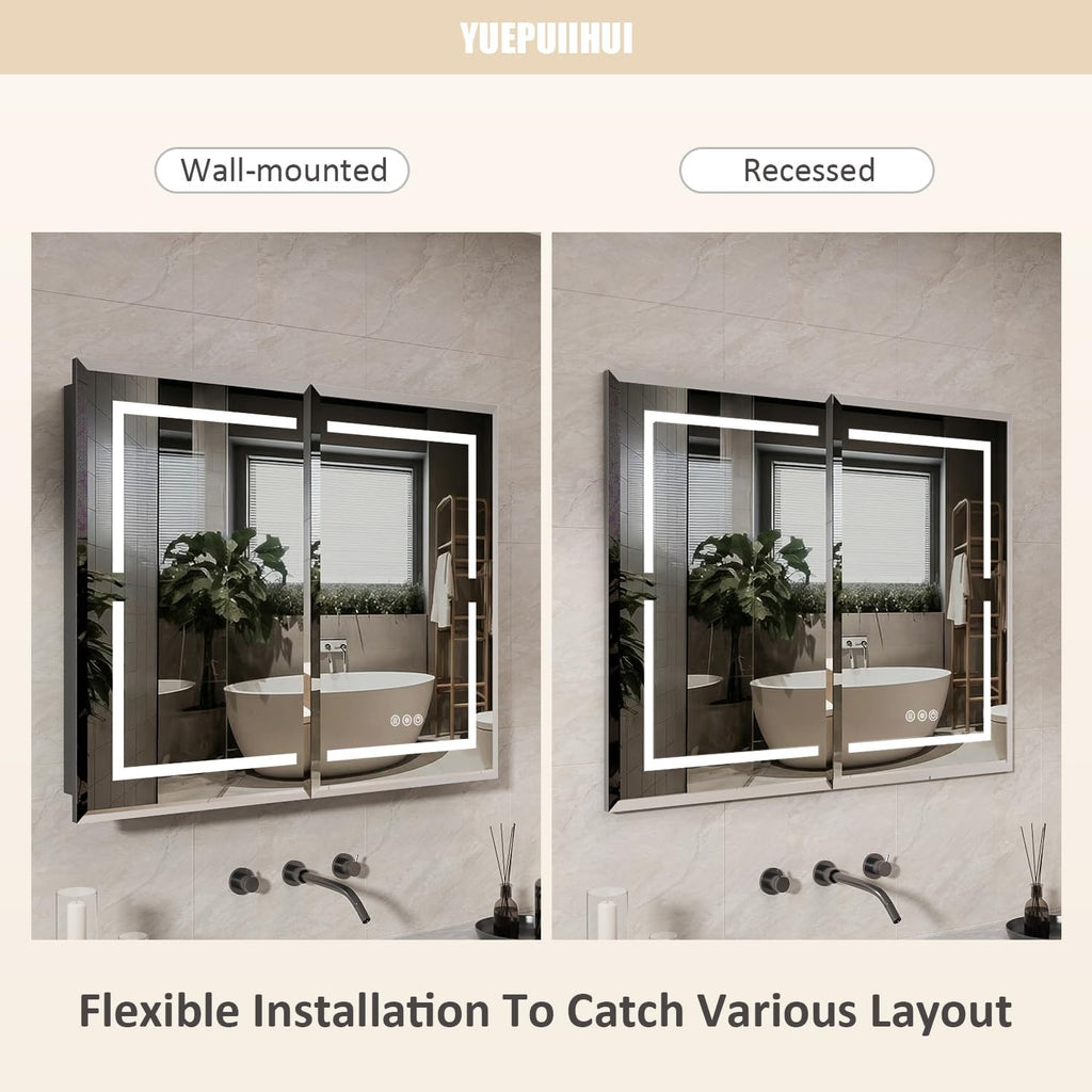 36X30 Inch Lighted Medicine Cabinet, Recessed or Wall Mounted Bathroom Mirror with Adjustable Brightness, Double Door