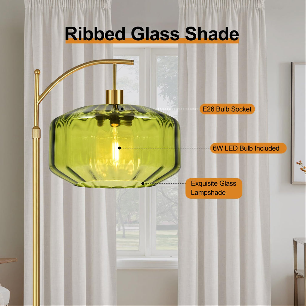 Gold Floor Lamps Vintage Floor Lamp with Remote Control & Green Glass Lampshape, Dimmable Floor Lamp Mid Century