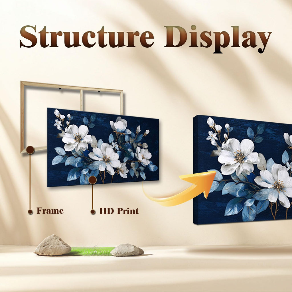Framed Large Flower Canvas Wall Art Modern White Floral with Blue Background Print Living Room Office Home