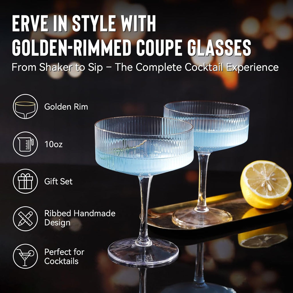 Gold Cocktail Shaker Set | 160oz Fashion Bartender Kit with Elegant Coupe Glasses, Gold Jigger, Mixing Spoon - Set of 3