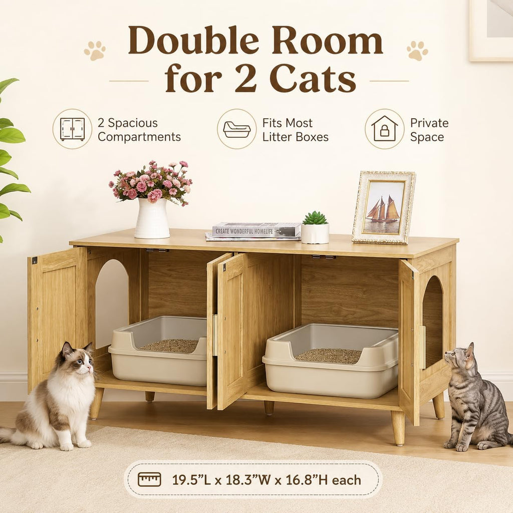 Boho Cat Litter Box Enclosure for 2 Cats, Natural