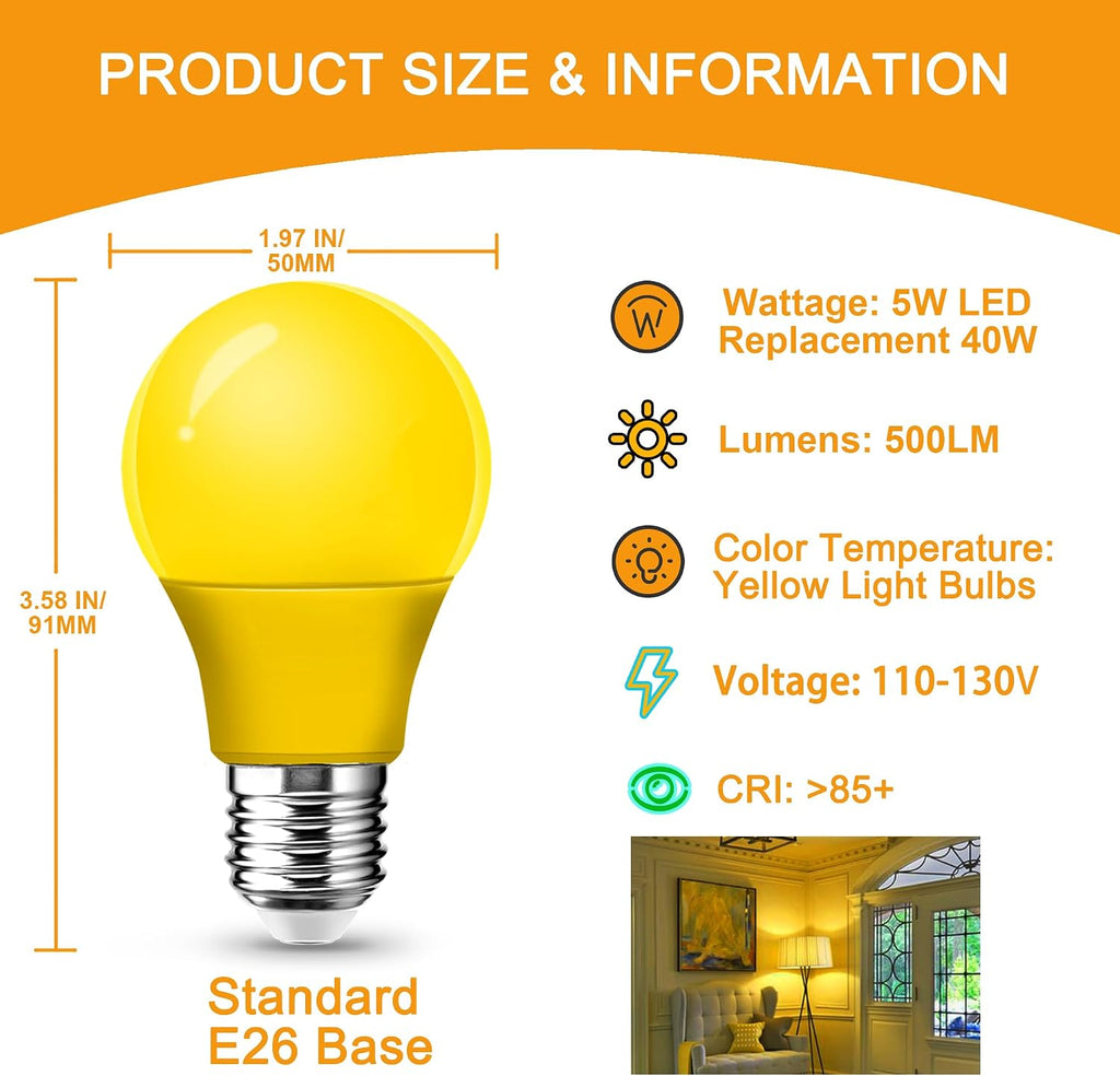 A15 LED Yellow Light Bulbs 40W Equivalent Outdoor, Yellow Bug Porch Lights for Outside Indoor, Sleep Light Bulbs
